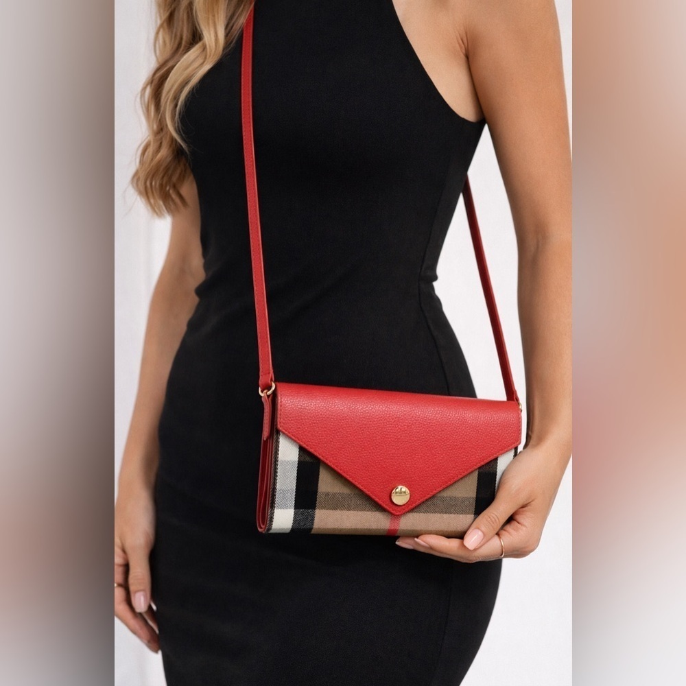 Burberry Calfskin House Check Hannah Wallet with Detachable Strap in Bright Red